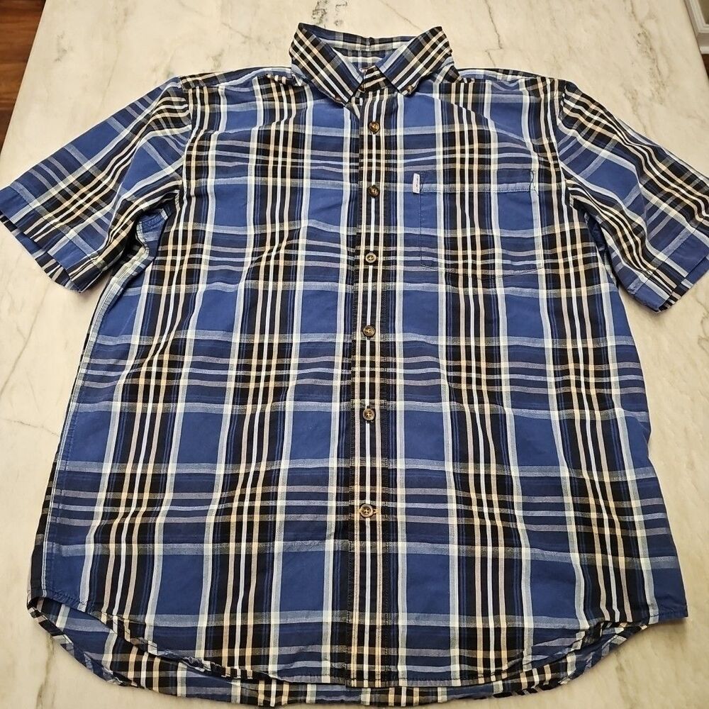 CARHARTT Mens Large  Blue Plaid Relaxed Fit Button Down Short Sleeve Shirt